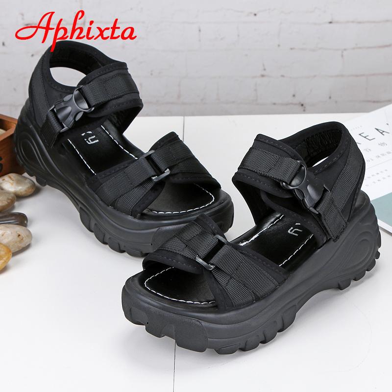 

Fashion Aphixta 6cm/2.36 inch Summer Platform Buckle Sandals Women Height Increasing Thick Bottom Canvas Women Shoes Slides 5 чёрный