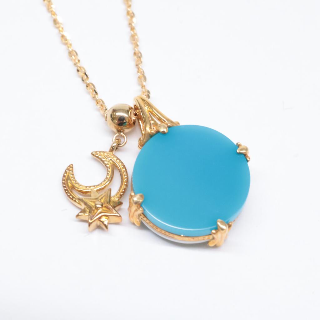 K18 Junko Ishigaki QVC Mille Chante Diamond Turkey Stone Pendant Top & Moon Design Necklace Yellow GoldUsed