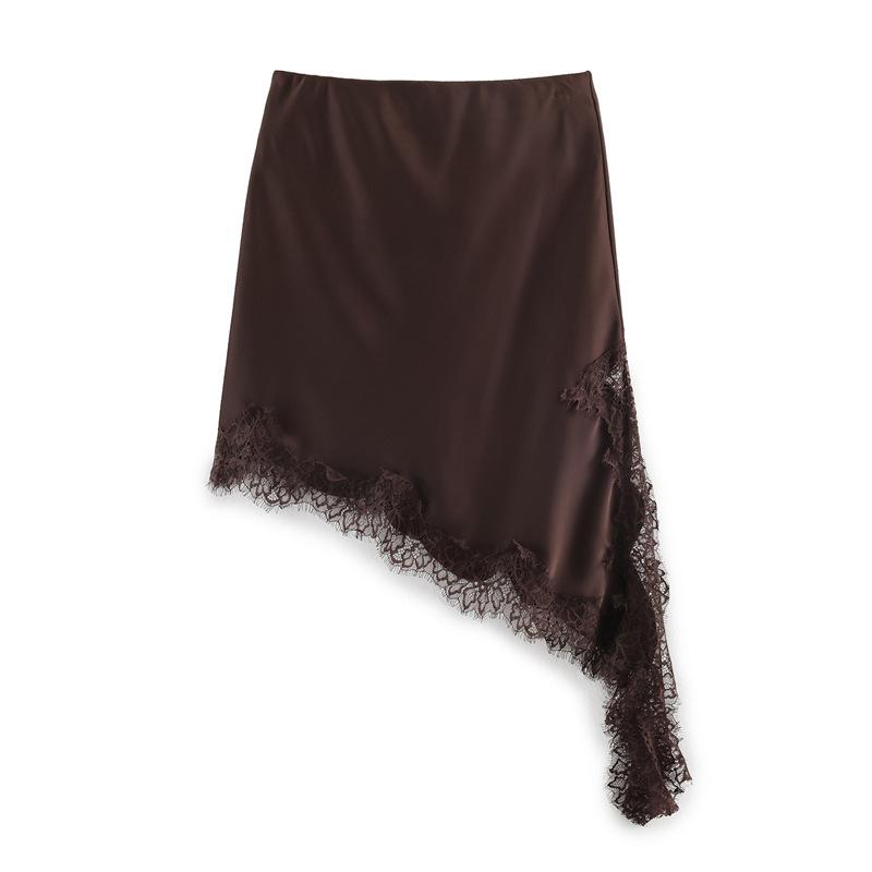 Women Satin Lace Trim Mini Skirts 2026 Summer Elastic Waist Asymmetric Hem Short Skirts Lace Half Slip Skirts Streetwear