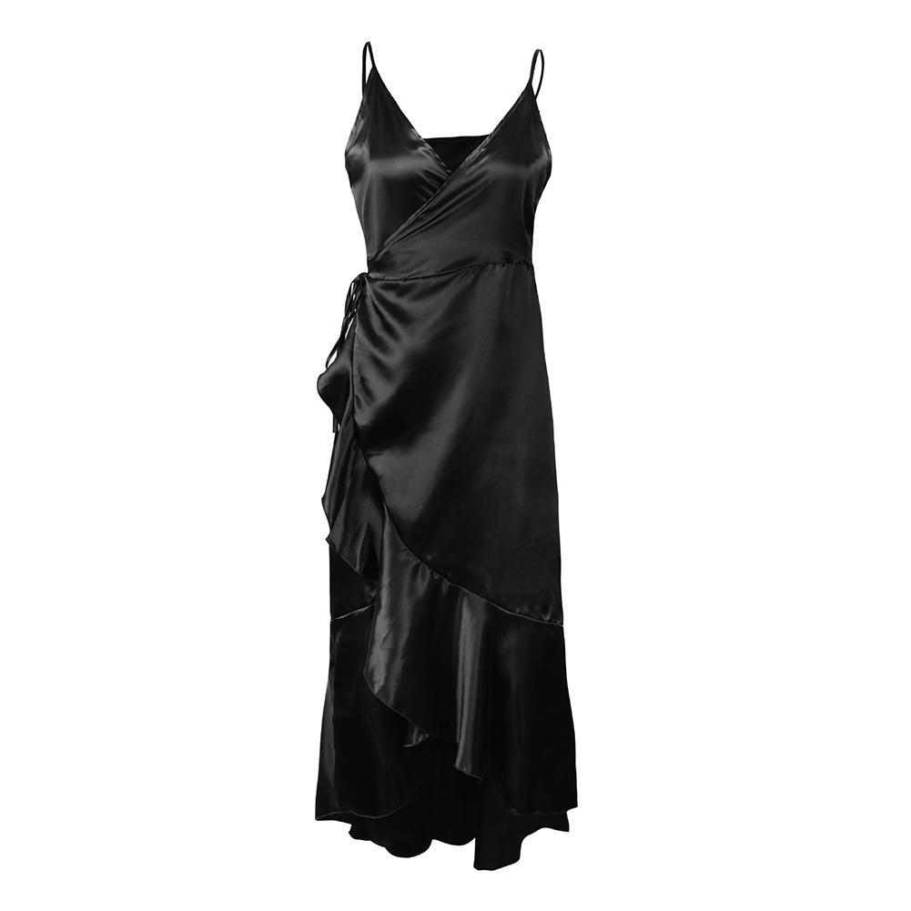 Sexy Solid Color Ruffle Slit V Neck Sling Dresses main image 1