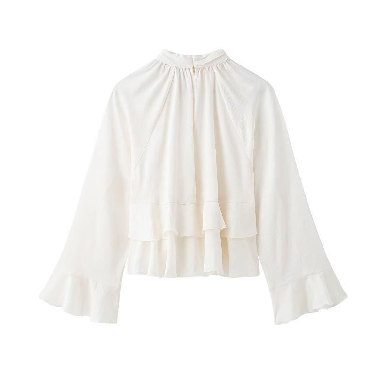 European & American Style Layered Stand Collar Long Sleeve Women's Shirt - 2234900