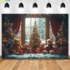 Winter  Christmas Night Window Backdrop Xmas Trees Toy Bear Background Photography for Christmas New Year Party Decor Banner