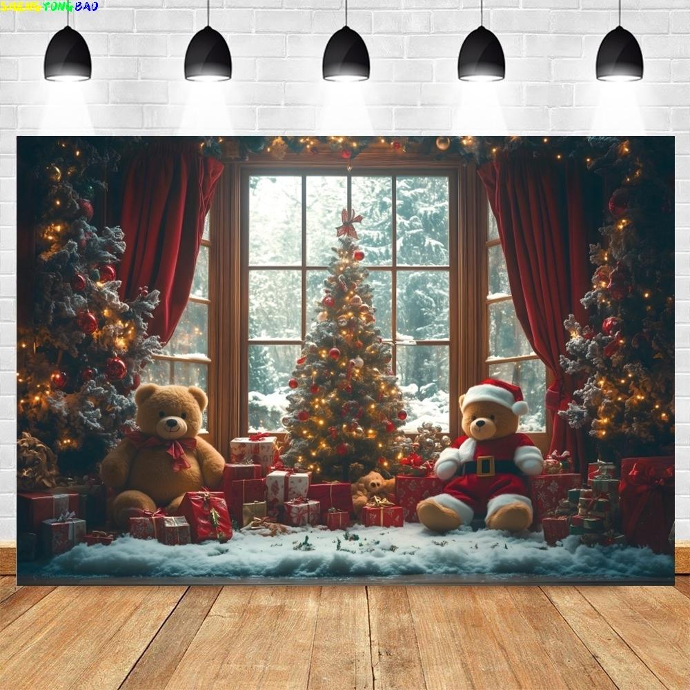 Winter Christmas Night Window Backdrop Xmas Trees Toy Bear Background Photography for Christmas New Year Party Decor Banner