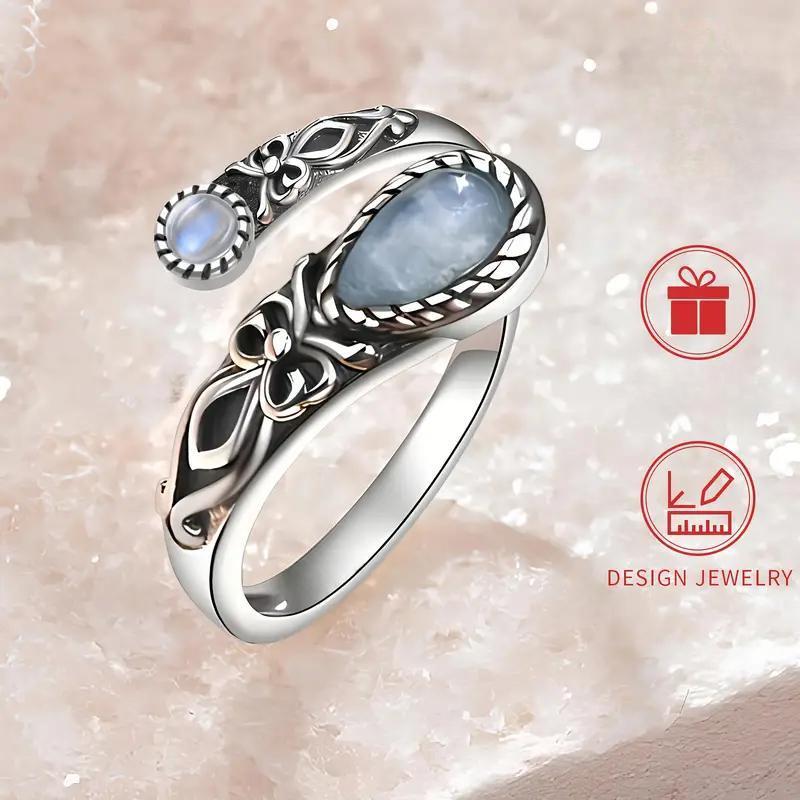 Ring Moonstone Ring Silver Color Adjustable Ring Boho Vintage Spoon Ring Butterfly Synthetic Stone Gift