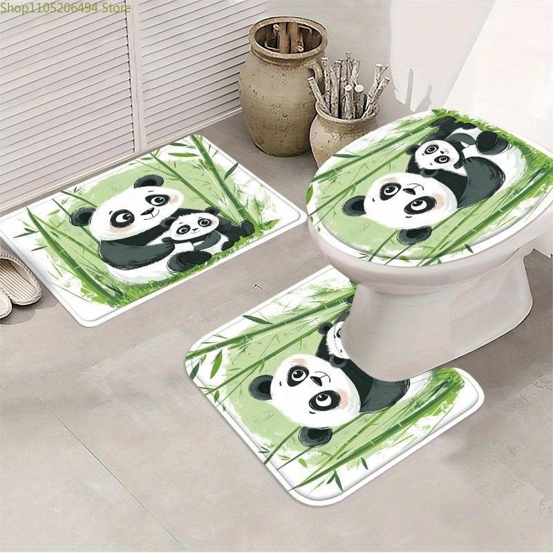 1/3/4pcs Bamboo Panda Shower Curtain Set - Cute Panda & Bamboo Design, Includes, U-Pad, Lid Cover, 12 Hooks, 180x180cm, Polyes
