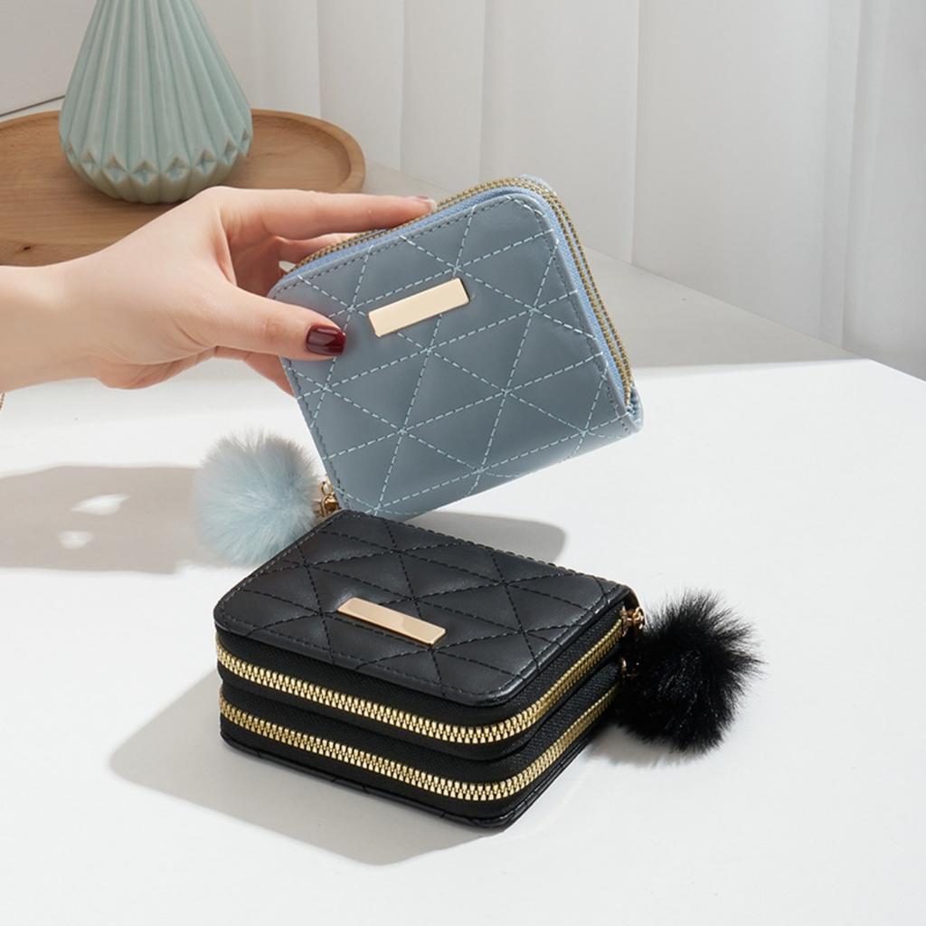 Small Fur Ball Bag, Double Layered Wallet, Diamond Grid, Ladies', Short, Hand-held, Coin Purse