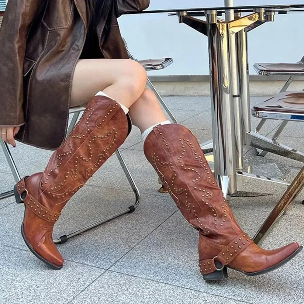 Fashion 2025 Big Size 42 Retro Maillard Style Brown Cowboy Boots Women Punk Rivets Chunky Heels Knee High Western Motorcycle Boots Shoes