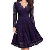 Retro Women Lace Floral V Neck Long Sleeve Tight Waist A-line Party Midi Dress