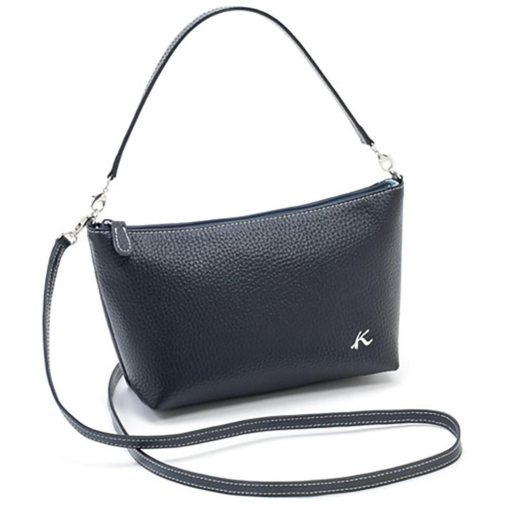 Kitamura RH0565 Shrink Leather 2-Way Pouch, Dark Blue with White Stitching, Navy Blue, 10901