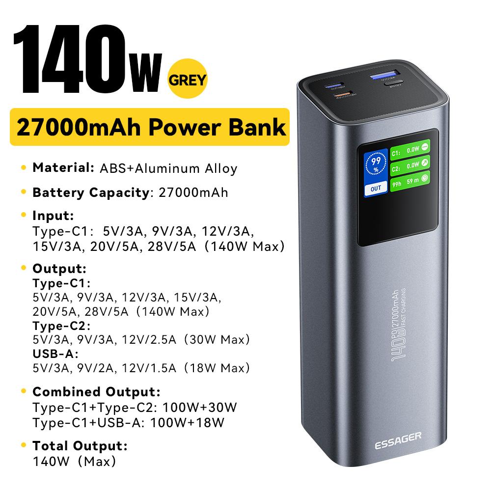 

ESSAGER 140W Power Bank 27000mAh PD3.1 Super Fast Charging Digital Display Portable PowerBank for Macbook Laptop iPhone 17 16 15 140W 27000mAh серый