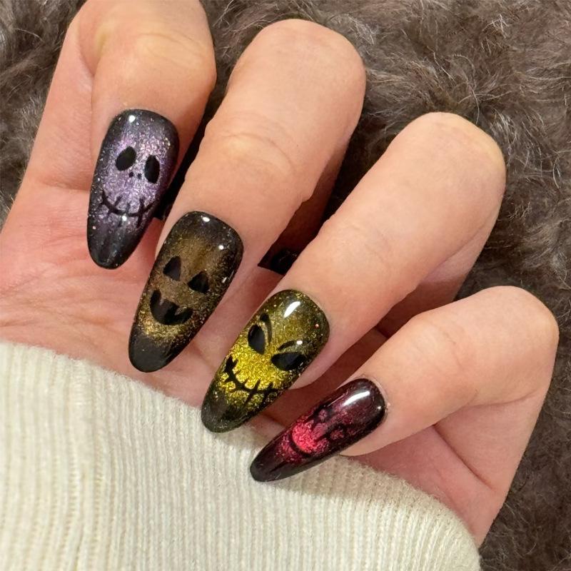 Black Cat Eye & Skull Halloween Nail Art - Hand-Painted Almond Tips in Stock