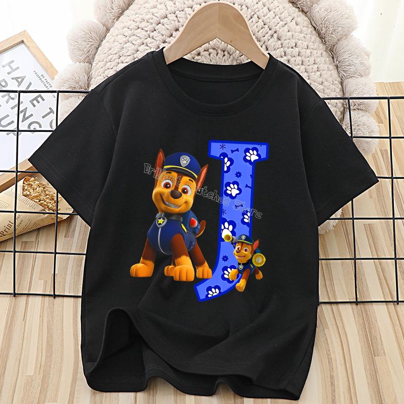 Paw Patrol Chase T-shirt for Children Cartoon Letter A-Z Tee Top Kawaii Round Collar Clothes Fashion Kids Black Clothing Gift
