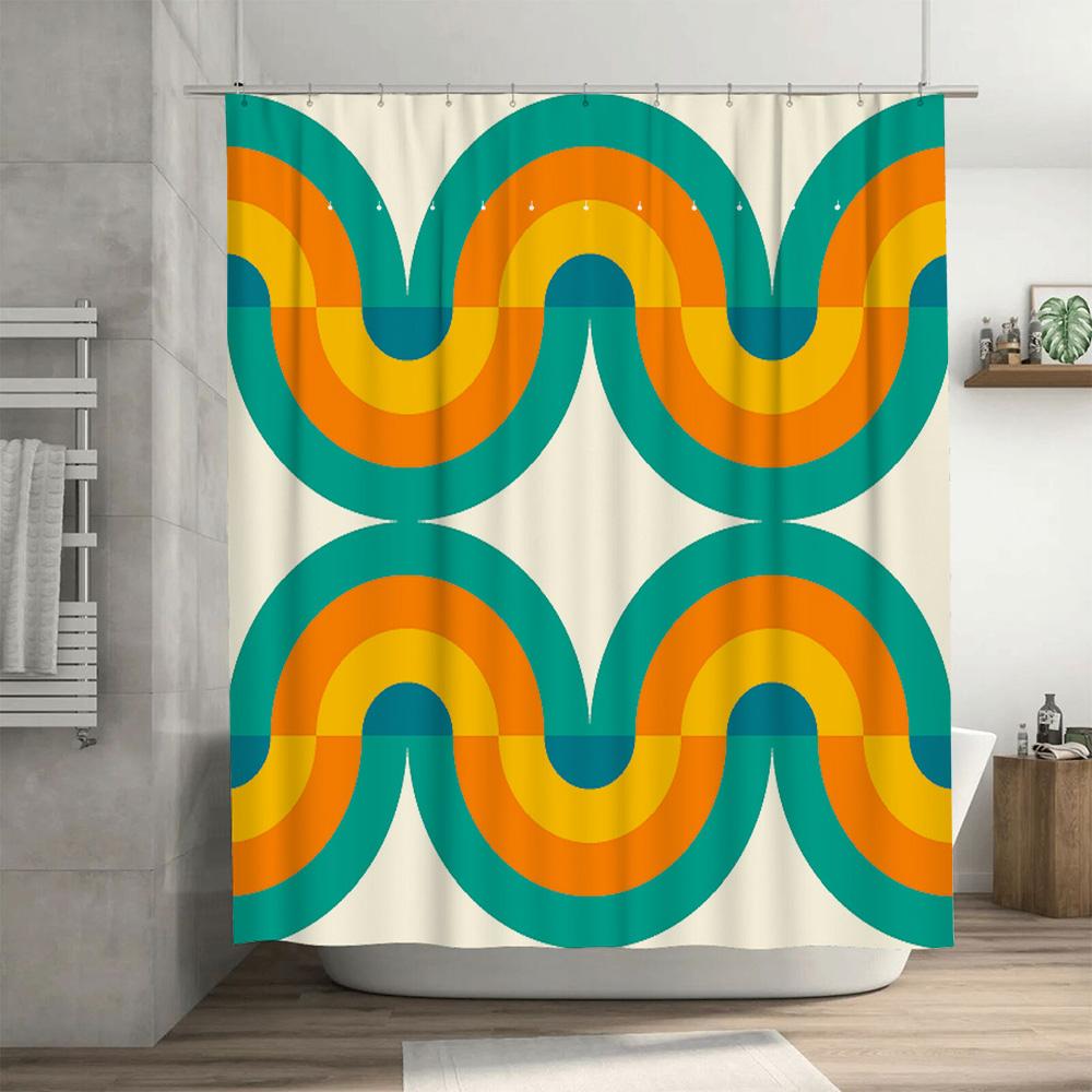 Modern Waterproof Bathtub Shower Curtain with Vivid Retro Pattern for Bathroom Decor Orange Blue Teal Green White Set