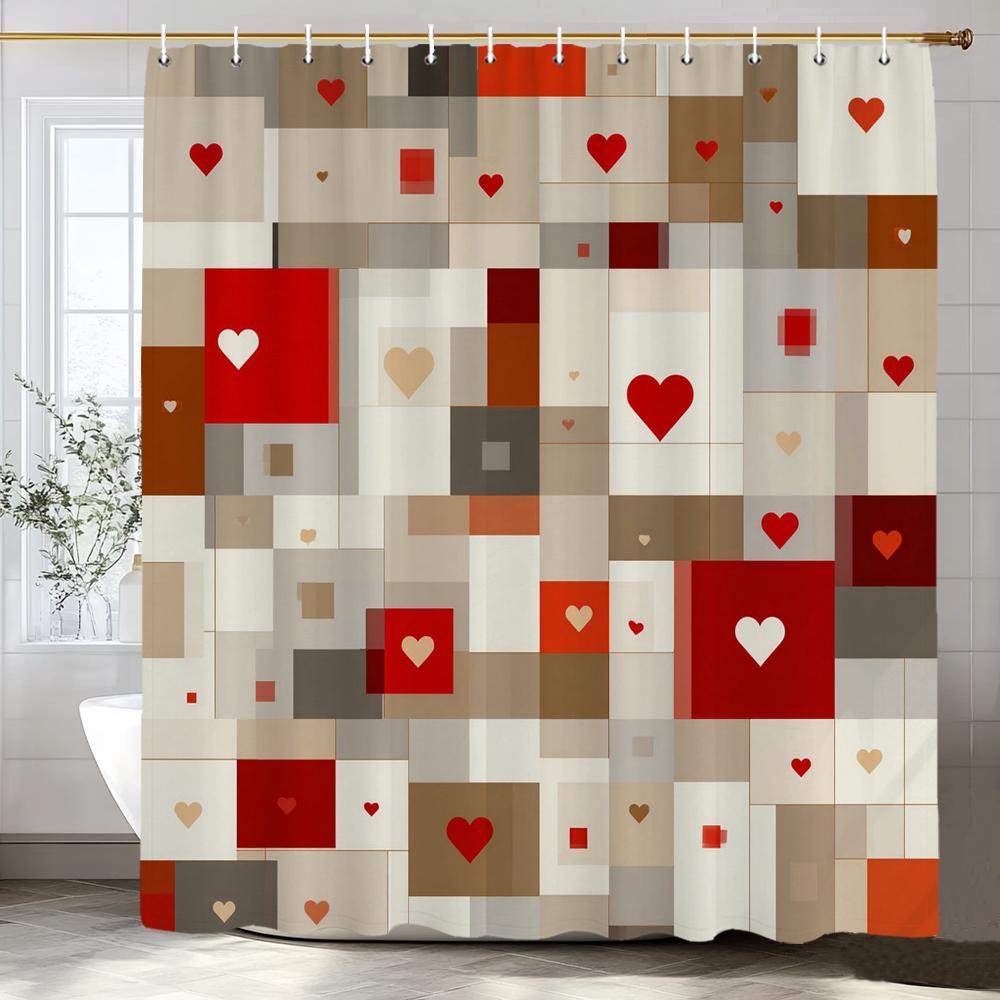 Modern heart-shaped Red Love Pattern Shower Curtain, Bathroom Decorative Shower Curtain, Waterproof Shower Curtain with Hooks