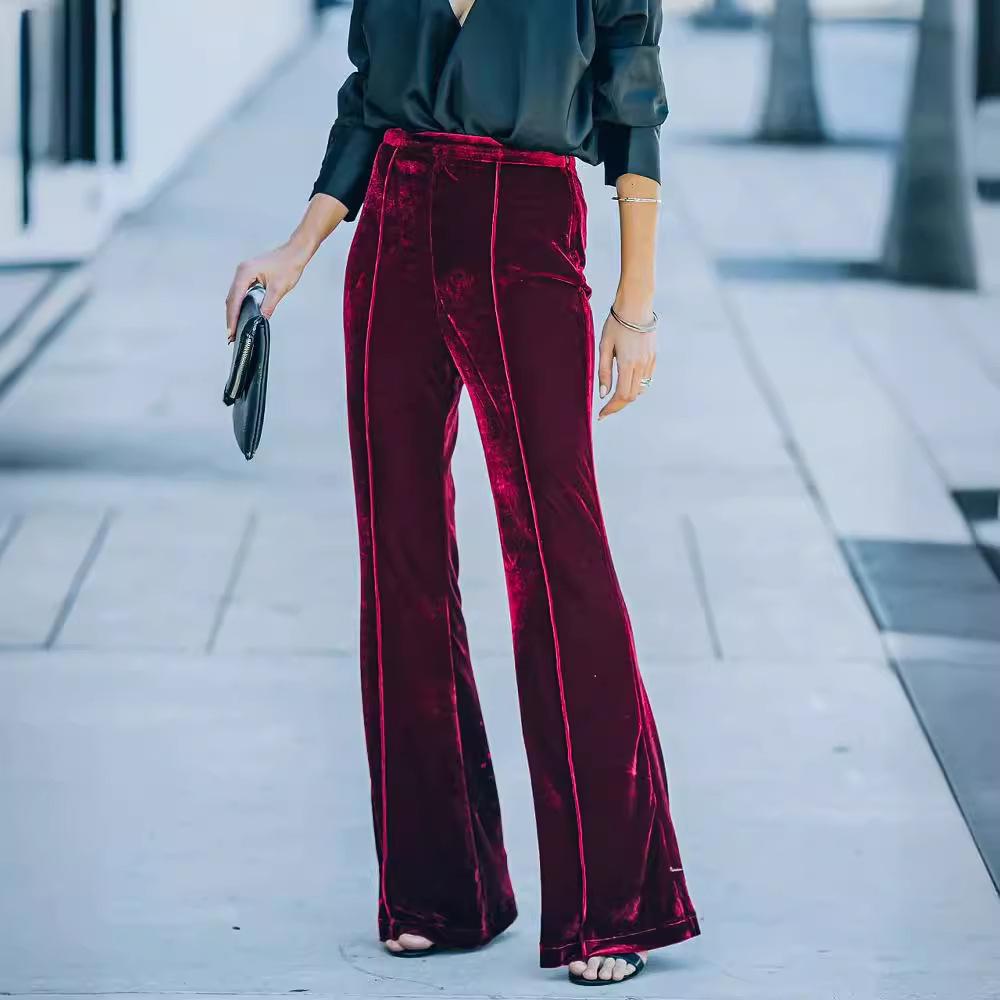 2025 Autumn/Winter Women's Gold Velvet Patchwork High-Waisted Flare Pants