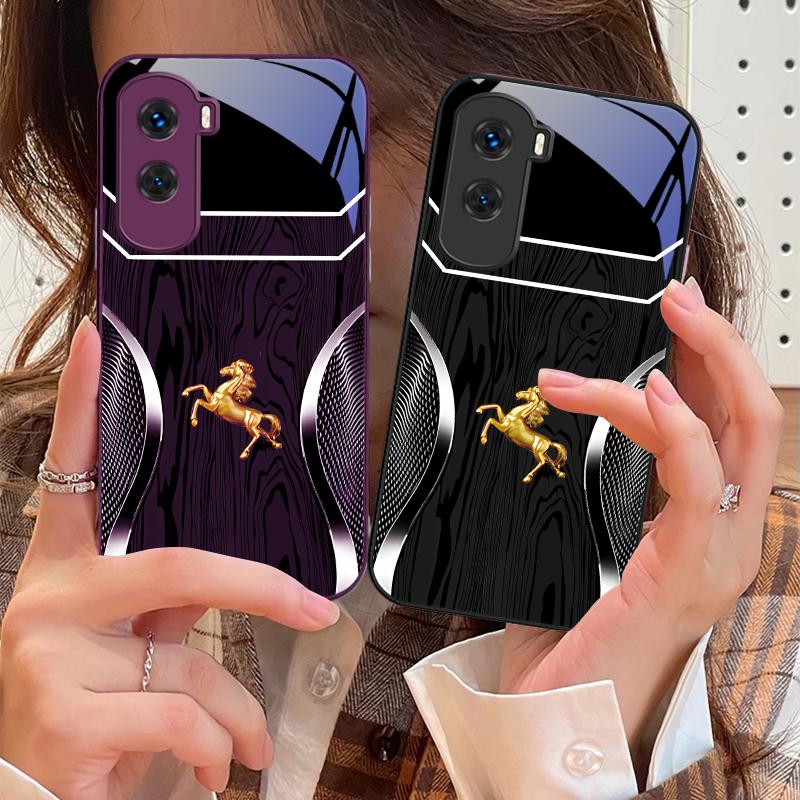 Wood Grain Golden Horse For Honor 200 90 8X 9X Pro Lite P50 P40 Nova 10 11i P60 Magic4 6 Mate 20 50 Tempered Glass Phone Case