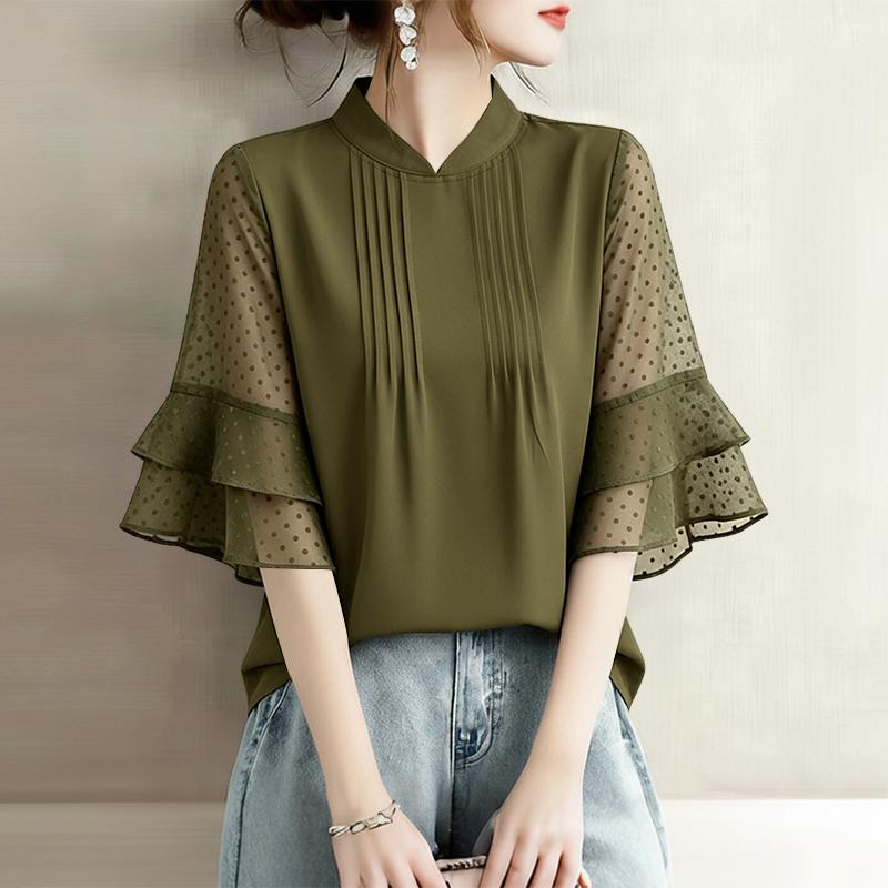 ZANZEA Women Casual Stand Collar Loose Sheer Mesh Splice 3/4 Sleeve Blouse M зелёный
