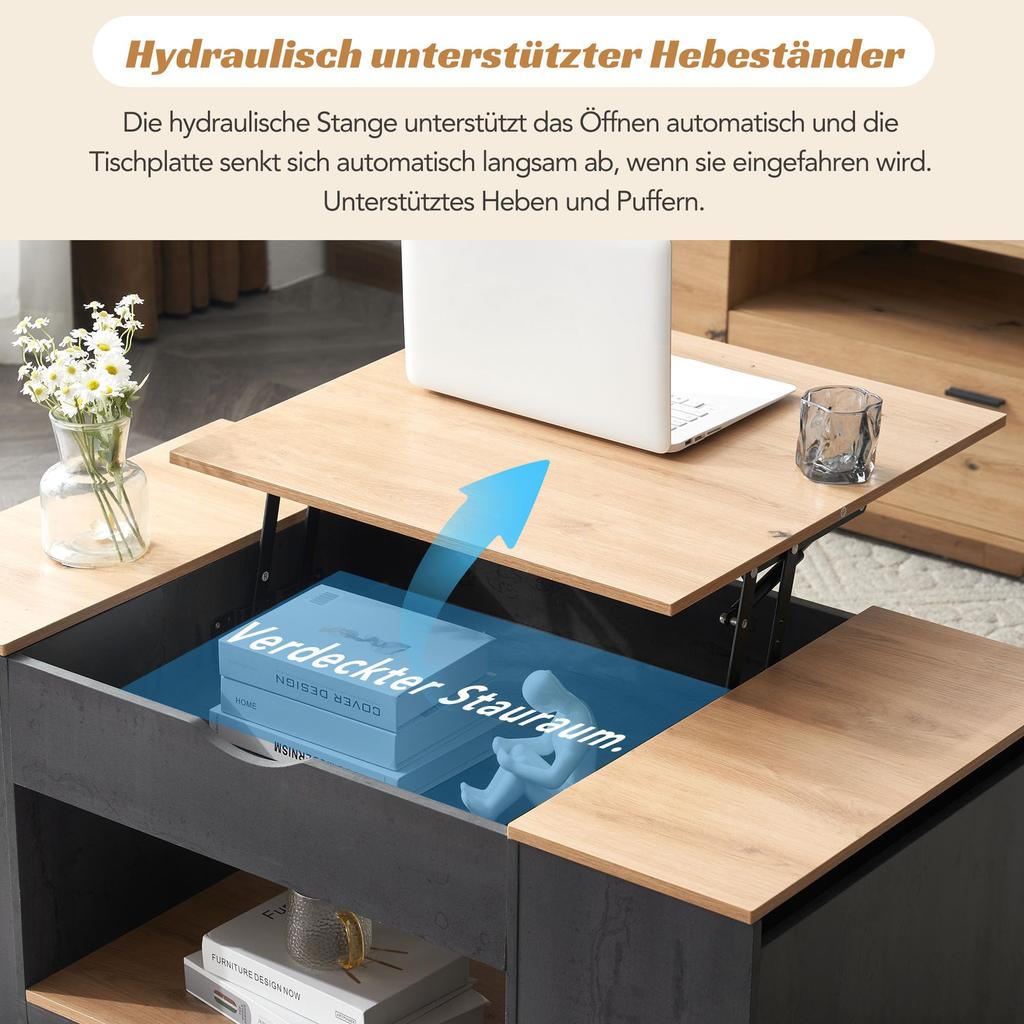 Couchtisch Kaffeetisch Offenes Fach, Versteckte Aufbewahrung, Hebbarer Tischplatte, Holz Sofatisch Beistelltisch Wohnung, Büro, Grau & Hellbraun