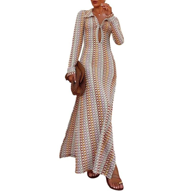 Crochet Cutout V-neck Slit Dress Fashion Hook Flower Hollow out V-neck Split Long Dress