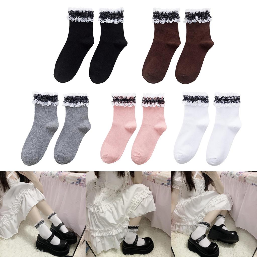 Stylish Lace Middle Tube Socks Girls Black White JK Cotton Breathable Casual Female