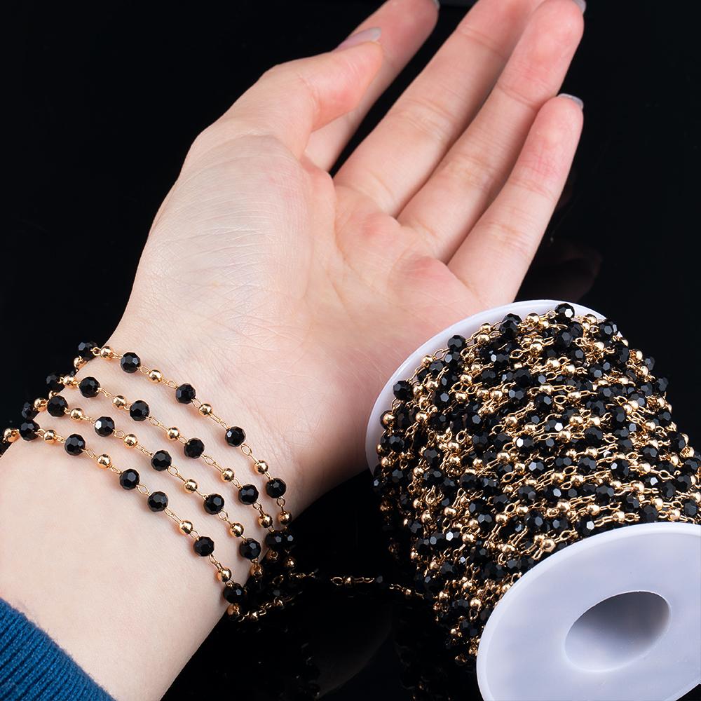 1meter 4mm Crystal Black Transparent Beaded Copper Chains Glass Beads Necklace Gold Color Chain for DIY Jewelry Making Component