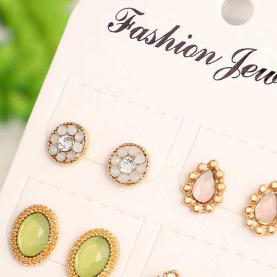 6Pairs Women Water Drop Flower Rhinestone Faux Opal Ear Studs Earrings