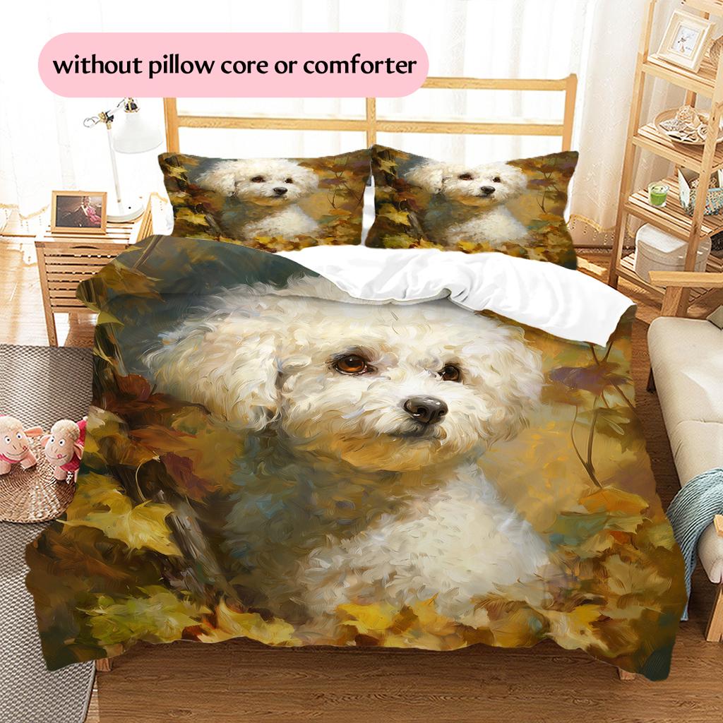 Bettwäsche mit Blätter- und Bichon-Muster, Heimdekoration, Geburtstagsgeschenk (1 Bettbezug + 2 Kissenbezüge, ohne Füllung)