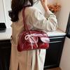 AQUA Marine Women's Enamel Shoulder Bag, 2-Way Handbag with Pearl Ribbon, Elegant, Small, Glossy, Korean-Style, Cute, Instagram-worthy Outfit (Red)
