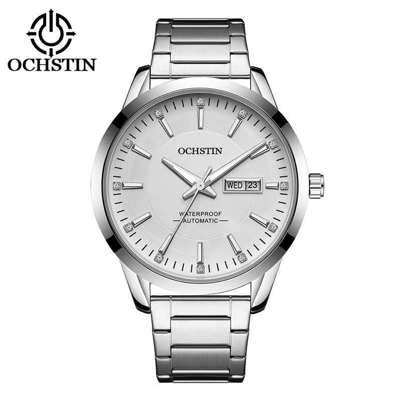 OCHSTIN Men Watch Self-Wind Mechanical Date Day Calendar Luminous Dial Transparent Back Stainless Steel Band Male Business Dress