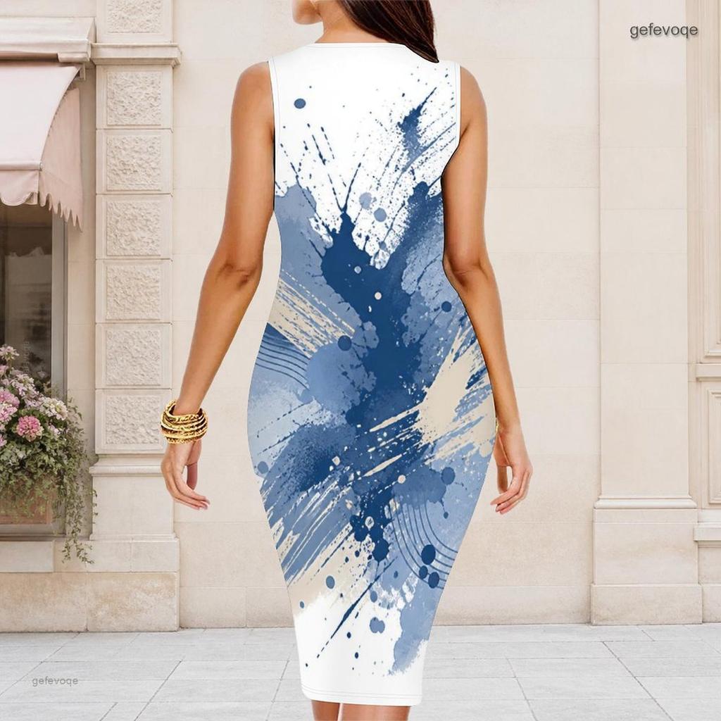 Women Plus Size Round Neck Sleeveless Printed Bodycon Midi Dress
