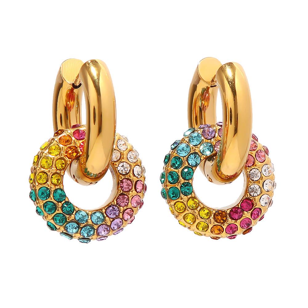 18k Gold-Plated Colorful Diamond Round Donut Earrings - Trendy, Versatile Design Inspired by European and American Influencers.