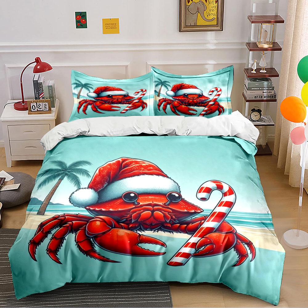 Christmas Crab with Candy Cane Bedding Duvet Cover Set (1*Duvet Cover 2*Pillowcases, Without Duvet Insert)