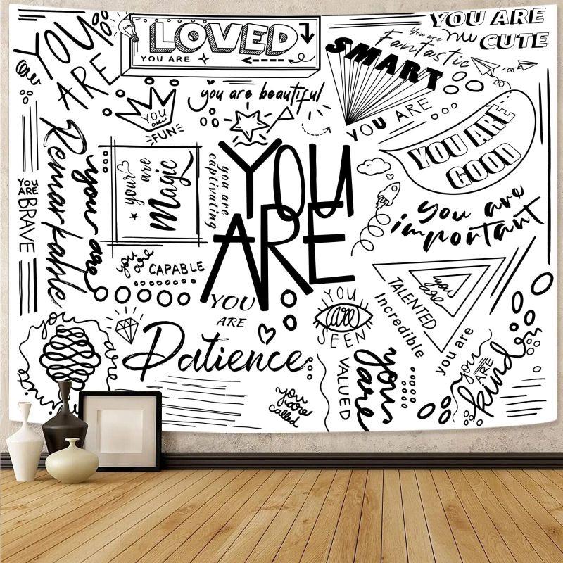 Positive Energy Graffiti Tapestry, Black White Wall Hanging, Motivational Wall Decor for Bedroom Dorm, Street Style