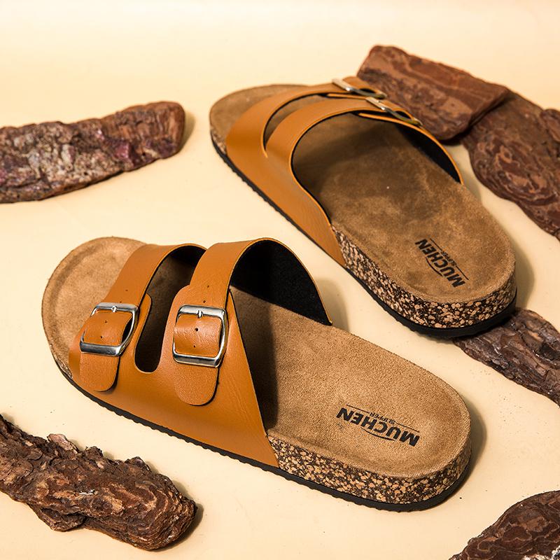 New Leather Cork Flip-flops Male Couple Vintage Summer Wear Muller Slippers Fashion Casual Beach Sandals New 2025 Zapatos Hombre