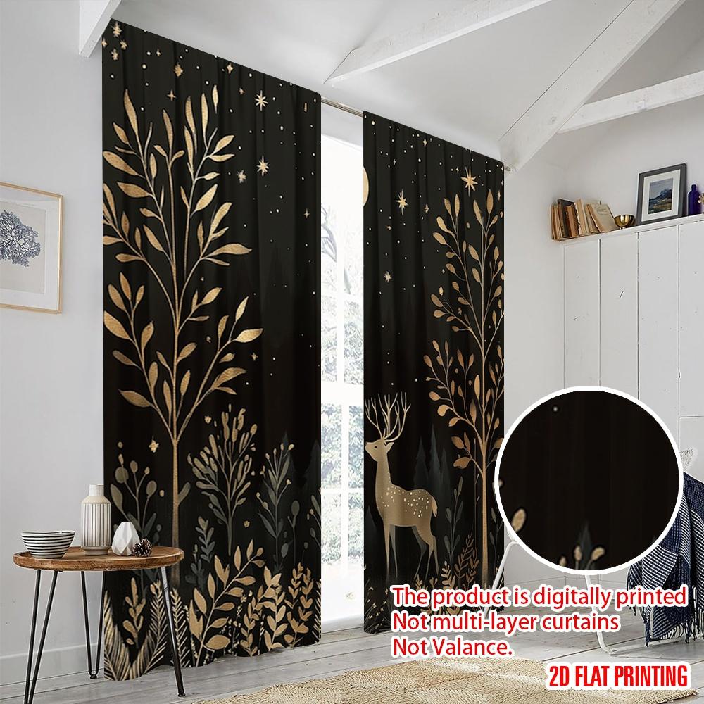 2pcs,2D Plane Printing Curtain Popular Deer Snow Forest Night Versatile 100% Polyester (without Rod) Decorations Inside Perfect