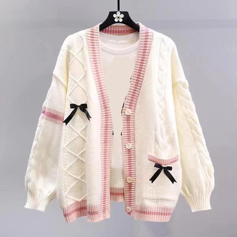 Sweet Bow Knitted Cardigans Y2k Aesthetic All Match Contrast Color Coats Fashion Single Breasted Women Kawaii JK Sweaters Jumper