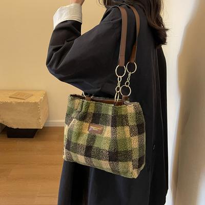 Plush Bag Women's Autumn and Winter New Lamb Wool Portable Tote Bag Fashion Plaid Shoulder Bag Large Capacity Armpit Bag