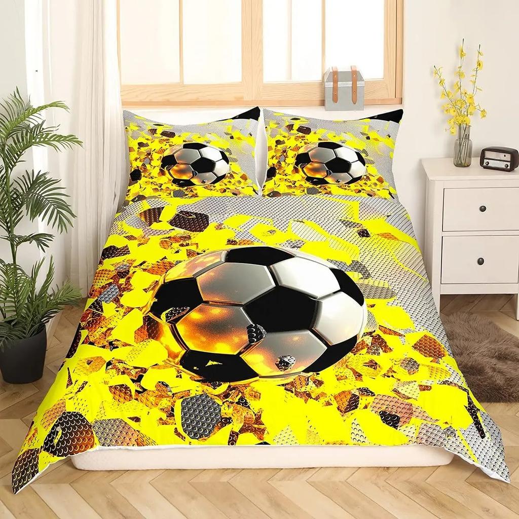 Fußball Bettbezug Set King Queen Full Size Fußballmuster Polyester Bettdeckenbezug für Kinder Jugendliche Fußballliebhaber Bettwäscheset