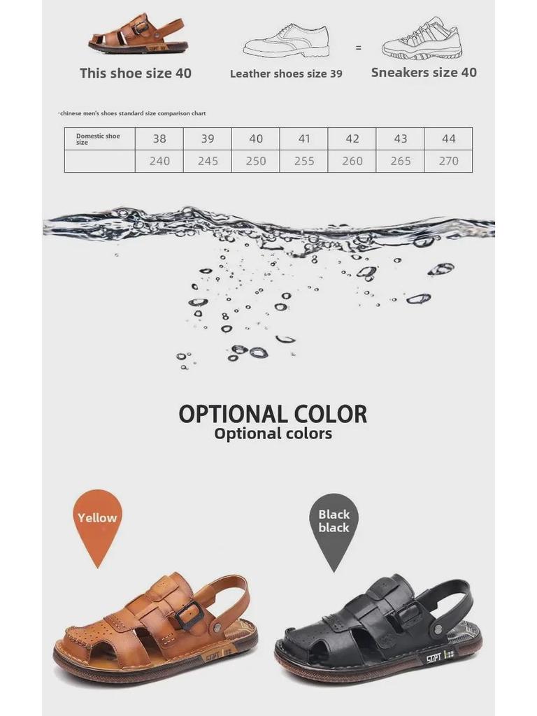 Genuine Leather Men's Summer Sandals - Closed Toe, Non-Slip Outdoor & Driving Shoes with Trendy Cowhide Sole