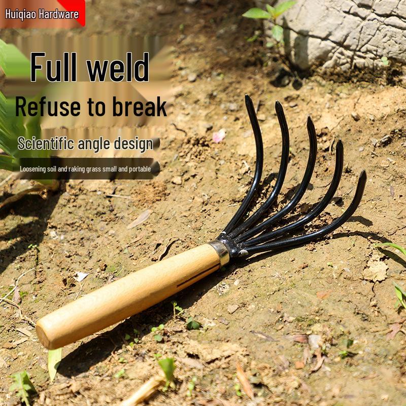 Multipurpose Five-Tine Rake for Soil Loosening, Beachcombing, Agriculture, Grass, Leaves, and Seafood Digging