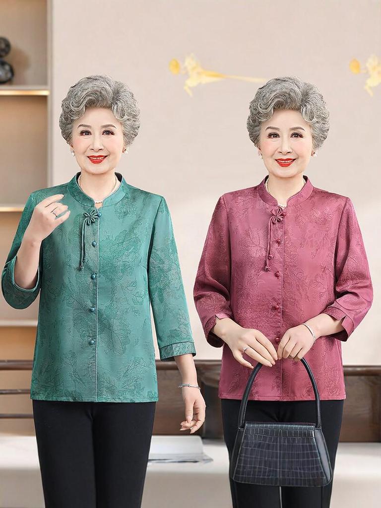 Modern National Style Shirt for Middle-aged Women: Spring/Fall Loose-Fit Chinese Top with 3/4 Sleeves