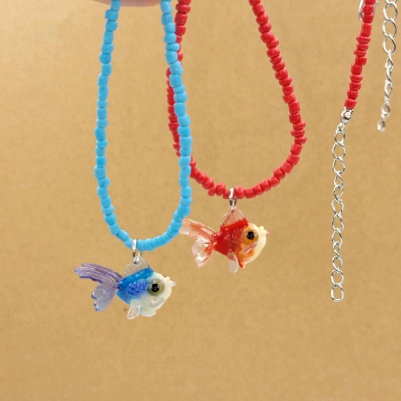 Y2K Resin Goldfish Pendant Necklace for Women Fashion Egirl Beaded Clavicle Chain Fashion Jewelry Valentines Day Gifts