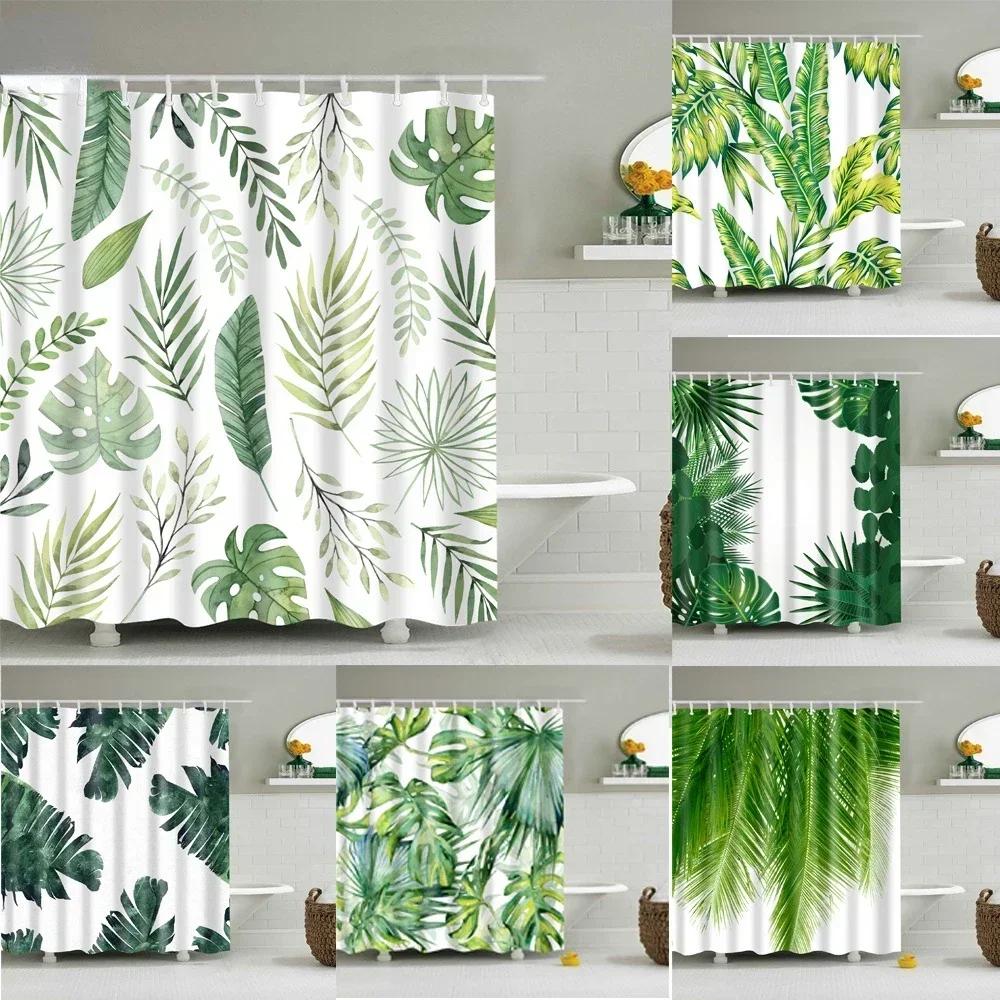 Monika Chen Green Tropical Leaf Palm Cactus Shower Curtain Landscape Bathroom Curtain Waterproof Polyester Shower Curtain