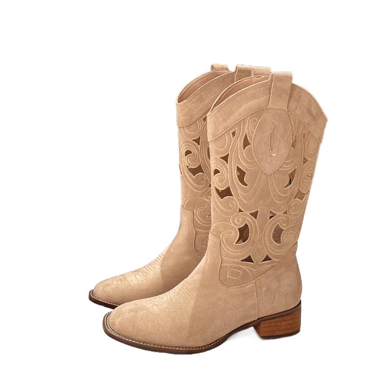 Новые полые вышитые винтажные ковбойские сапоги женские осенние толстые каблуки до колена ковбойские сапоги женские из искусственной кожи рыцарские сапоги 42 6298₽