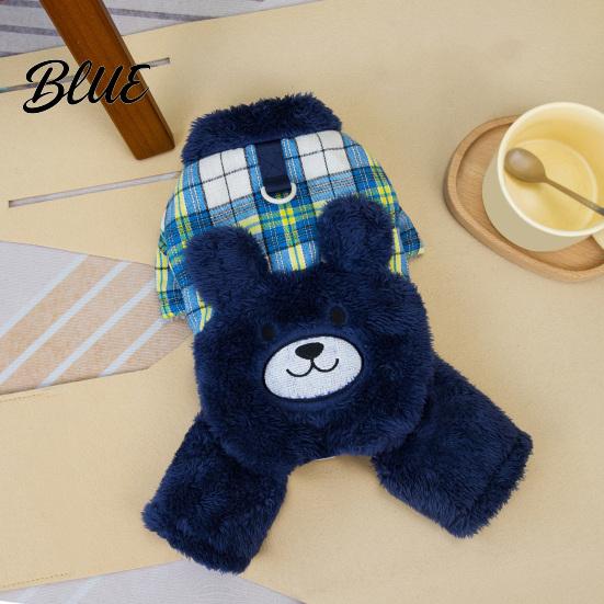 Leash Ring Dog Clothing Fuzzy Bear Jumpsuit Cute Plaid Outfit