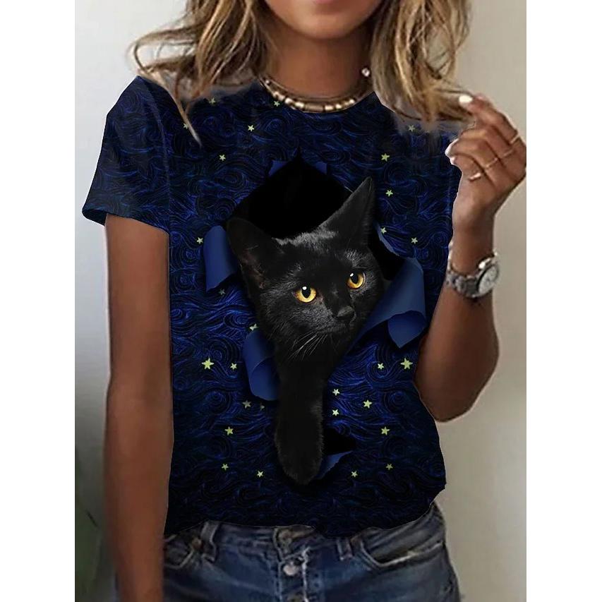 Dámské 3d tričko s roztomilým kočičím potiskem Móda Dámská trička Y2k topy Harujuku Kawaii Oversized letní top s výstřihem do O Dámské oblečení