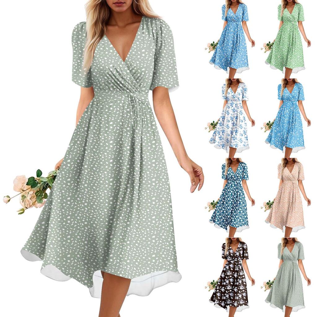Women's Summer Loose V Neck Short Sleeve Dress, Elegant Dress