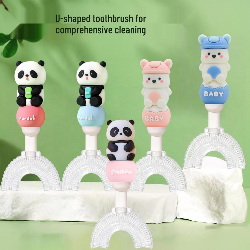 Panda-Themed Silicone U-Shaped Toothbrush with Soft Bristles for Children Ages 1-12