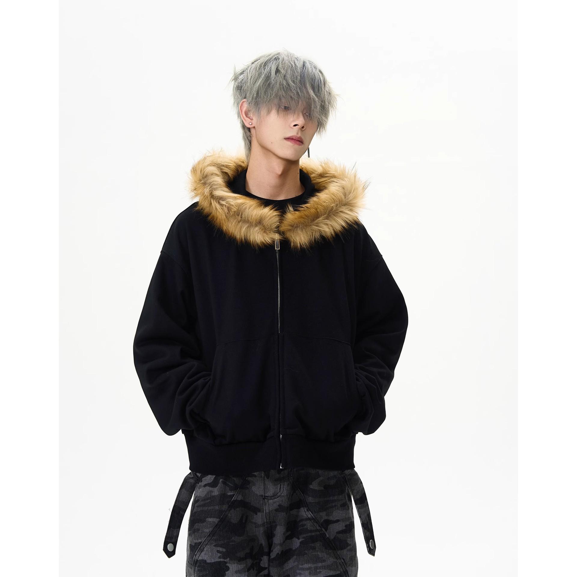 American Retro Fur Collar Couple Hooded Zipper Sweatshirt, Men s Autumn/Winter Trendy Jacket 3XL