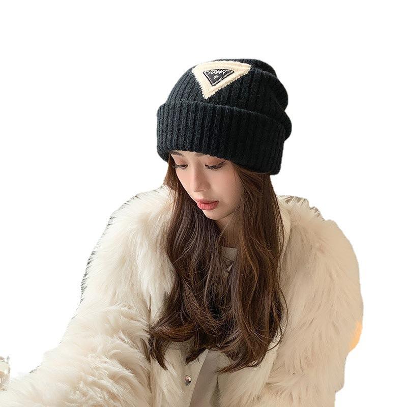 Triangle standard embroidered knitted hat men's and women's casual big head circumference wool hat autumn and winter warm face small hat